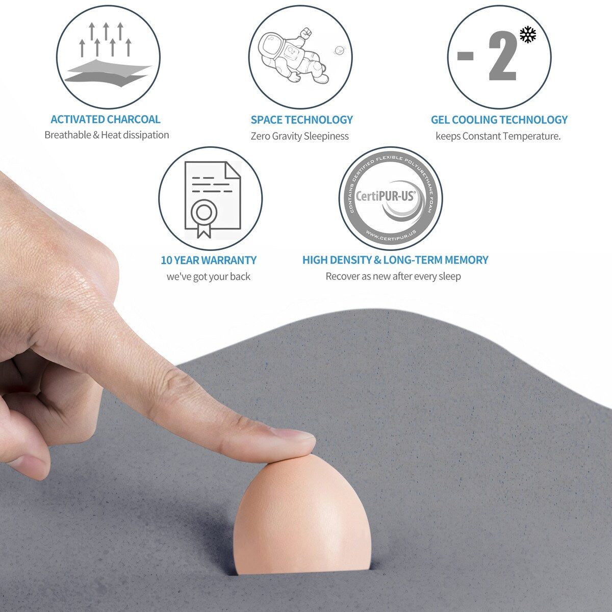 Materasso in memory foam con infusione di gel e carbone da 6 pollici, comfort medio, singolo