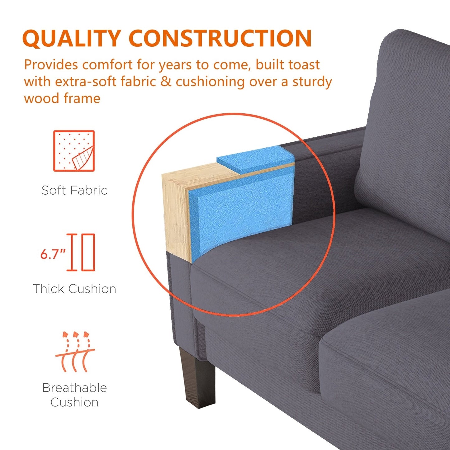 Divano imbottito a 3 posti con pouf, fodera per cuscino rimovibile e piccolo spazio di archiviazione