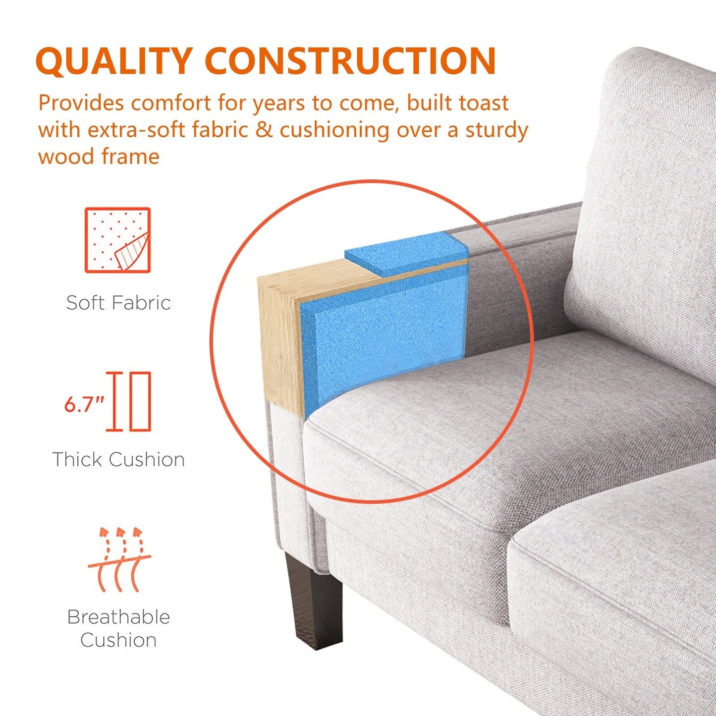 Divano imbottito a 3 posti con pouf, fodera per cuscino rimovibile e piccolo spazio di archiviazione