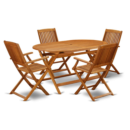 Set di mobili da pranzo East West Furniture Patio Bistro - Tavolo in legno di acacia e 4 sedie pieghevoli con braccioli, olio naturale (opzioni pezzi)