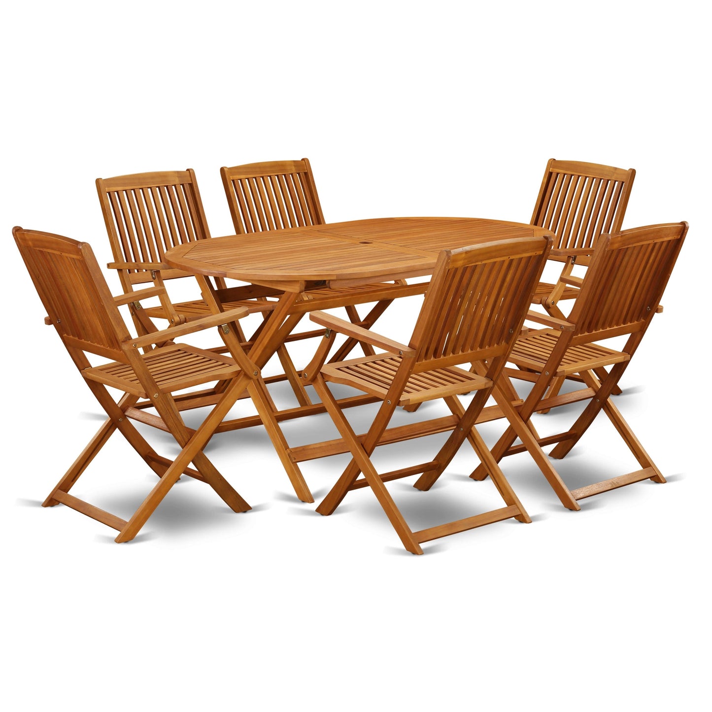 Set di mobili da pranzo East West Furniture Patio Bistro - Tavolo in legno di acacia e 4 sedie pieghevoli con braccioli, olio naturale (opzioni pezzi)