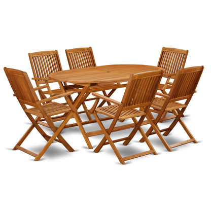 Set di mobili da pranzo East West Furniture Patio Bistro - Tavolo in legno di acacia e 4 sedie pieghevoli con braccioli, olio naturale (opzioni pezzi)