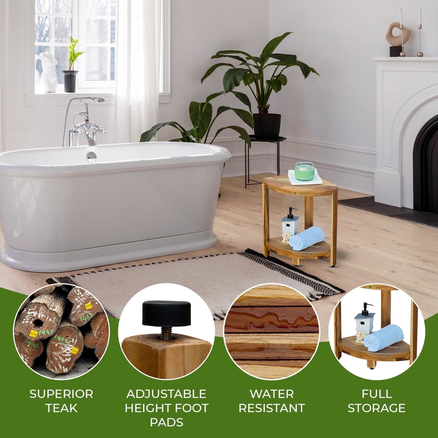 EcoDecors, Mensola angolare in legno di teak, Poggiapiedi per la rasatura della doccia, Sgabello in teak per doccia interna, 18 pollici