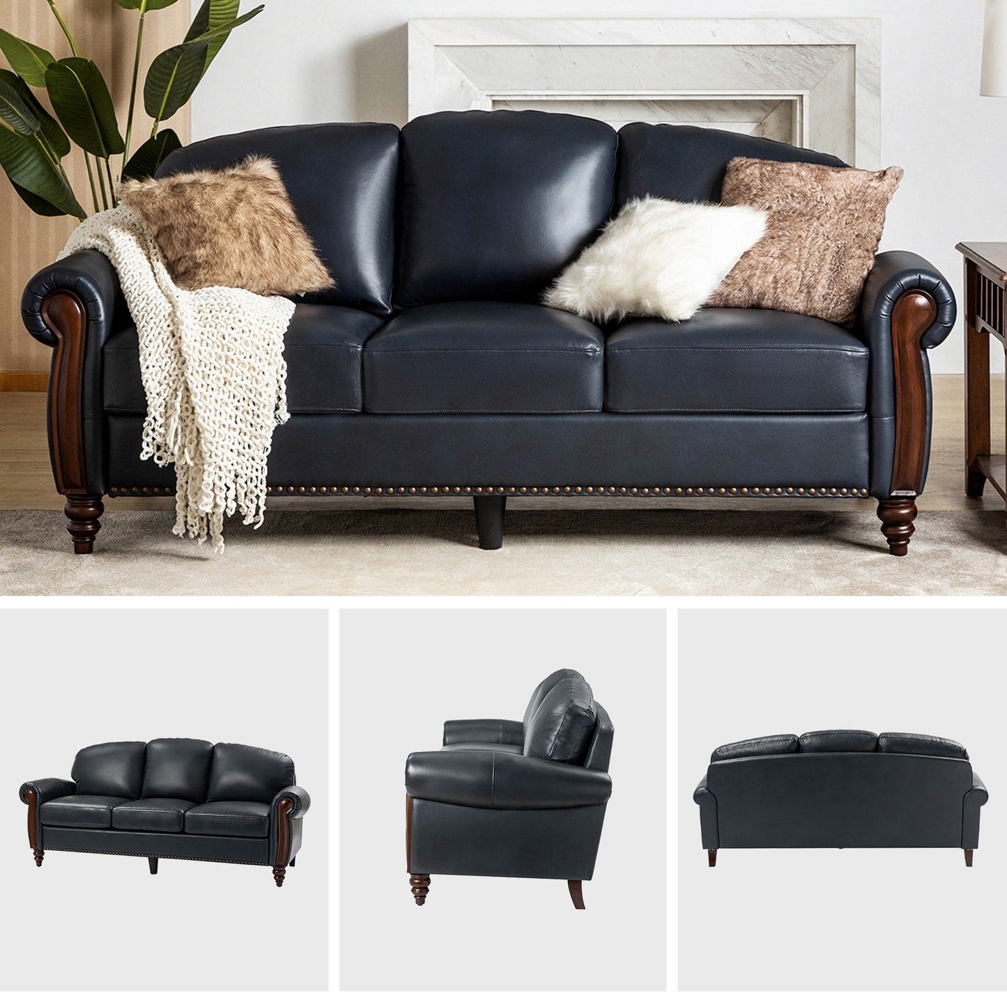 Divano tradizionale in vera pelle Eduard 84 con gambe in legno intagliato di HULALA HOME