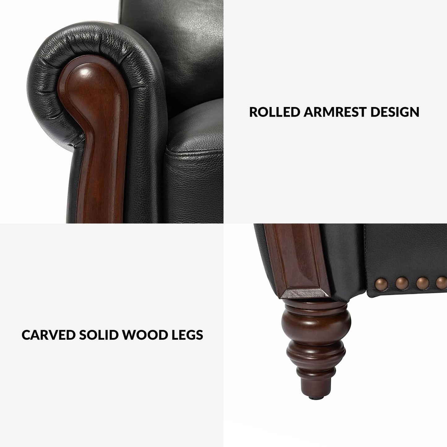 Divano tradizionale in vera pelle Eduard 84 con gambe in legno intagliato di HULALA HOME