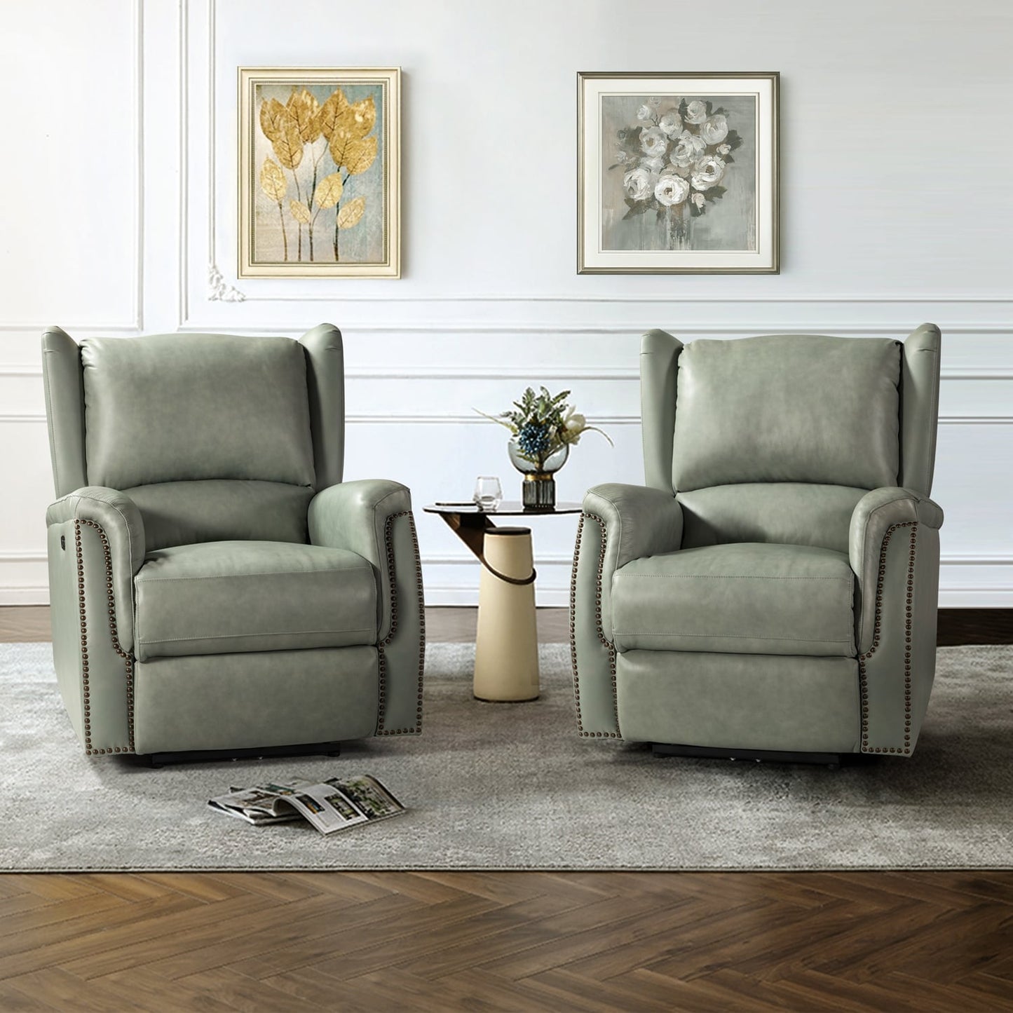 Poltrona reclinabile elettrica in vera pelle Eduardo con porta USB, set da 2