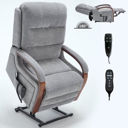 Poltrona reclinabile elettrica in ciniglia con doppio motore, infinite posizioni di reclinazione, riscaldamento e massaggio a 8 punti, braccioli in legno massello