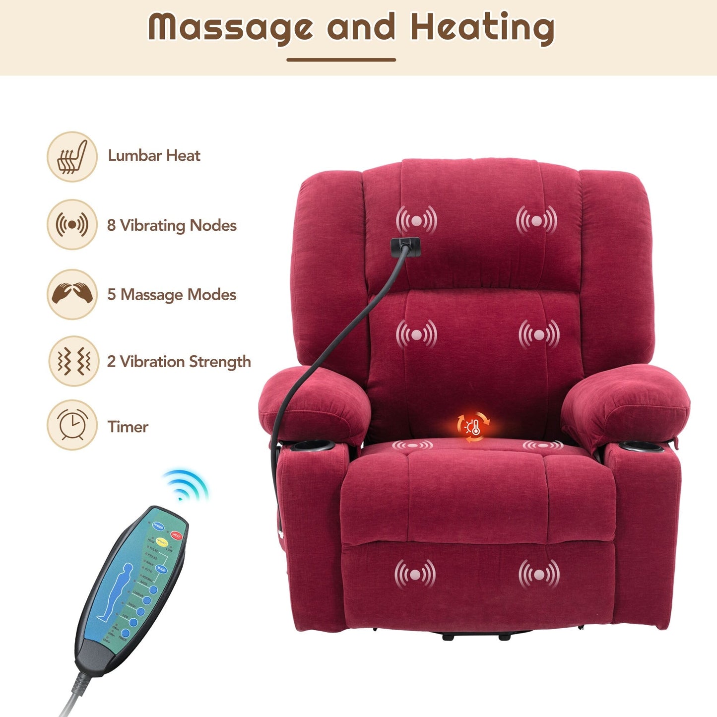 Poltrona reclinabile elettrica con massaggio, riscaldamento, portabicchieri e supporto per telefono girevole a 360°, opzioni di reclinazione regolabili