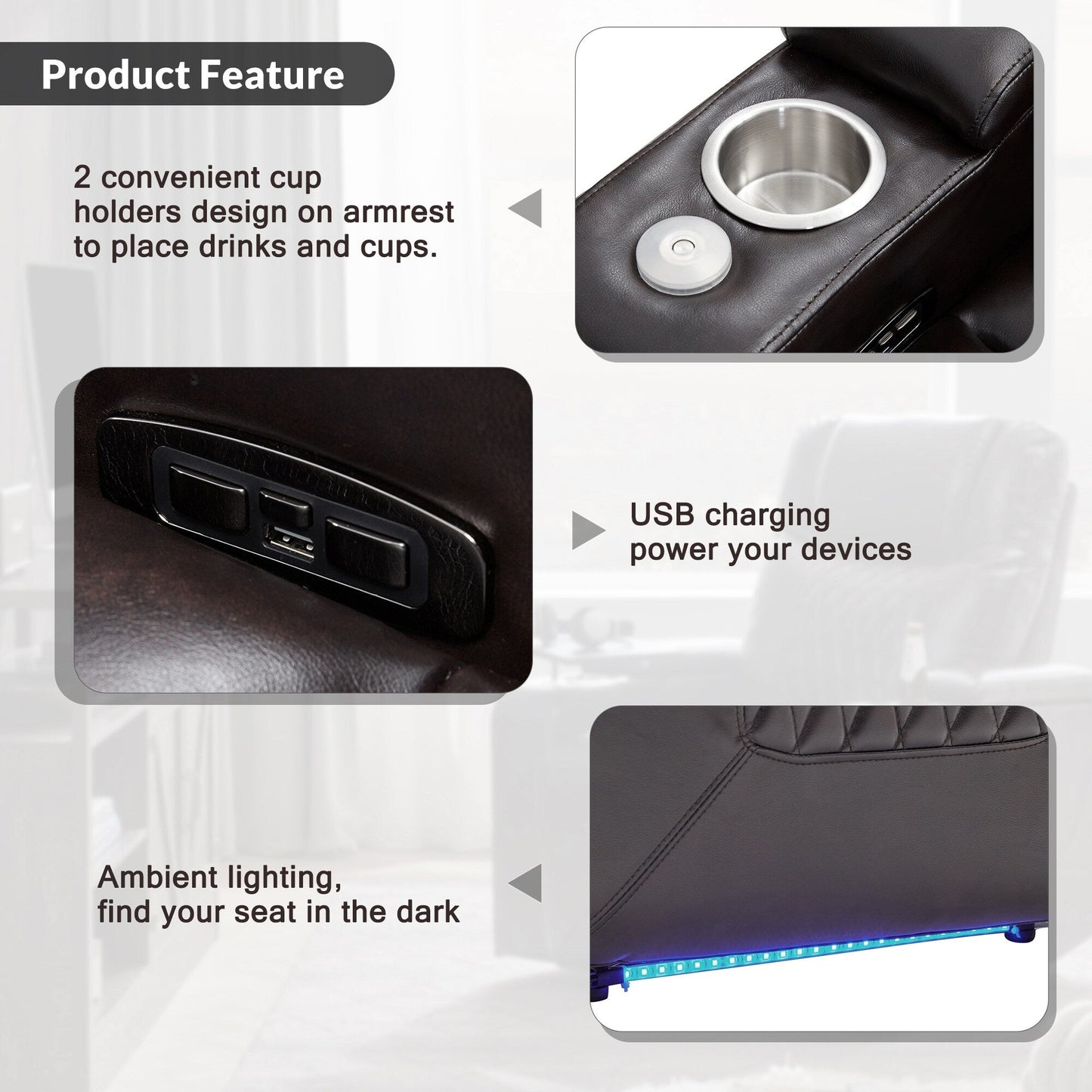 Poltrona reclinabile elettrica con ricarica USB, vassoio girevole a 360°, doppio portabicchieri e vano portaoggetti sul bracciolo