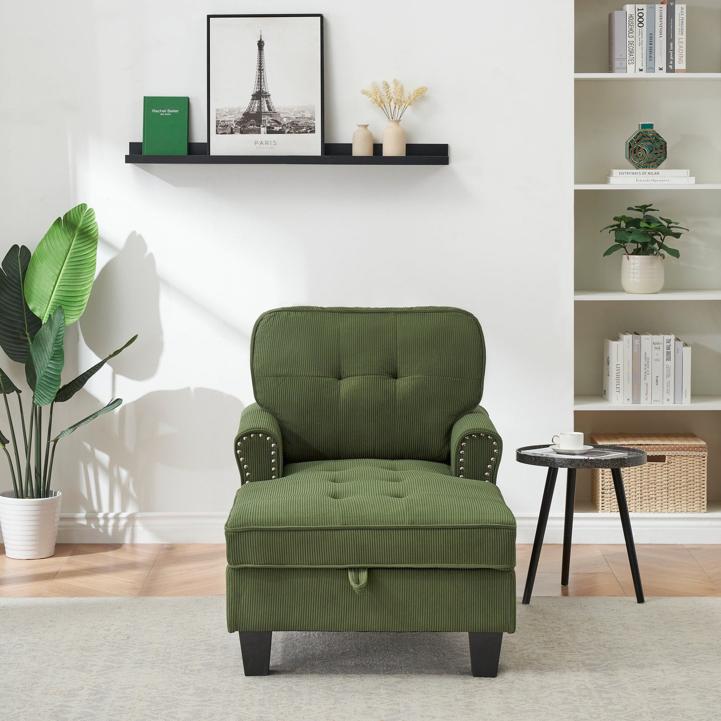 Elegante poltrona reclinabile in velluto a coste per interni, poltrona imbottita, divano letto, panca contenitore con finiture a borchie