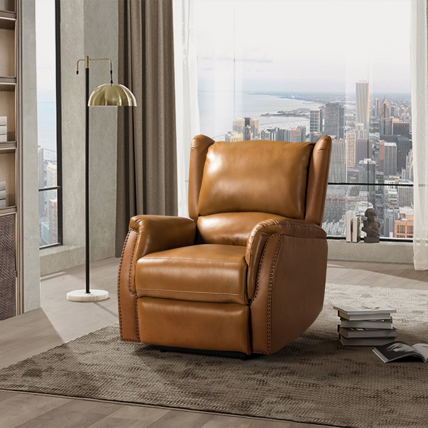 Poltrona reclinabile elettrica Eliseo in vera pelle con porta USB e design Wingback