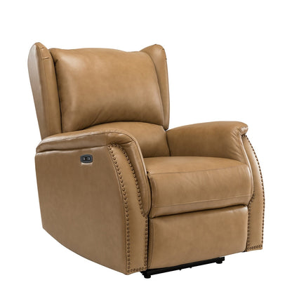 Poltrona reclinabile elettrica Eliseo in vera pelle con porta USB e design Wingback