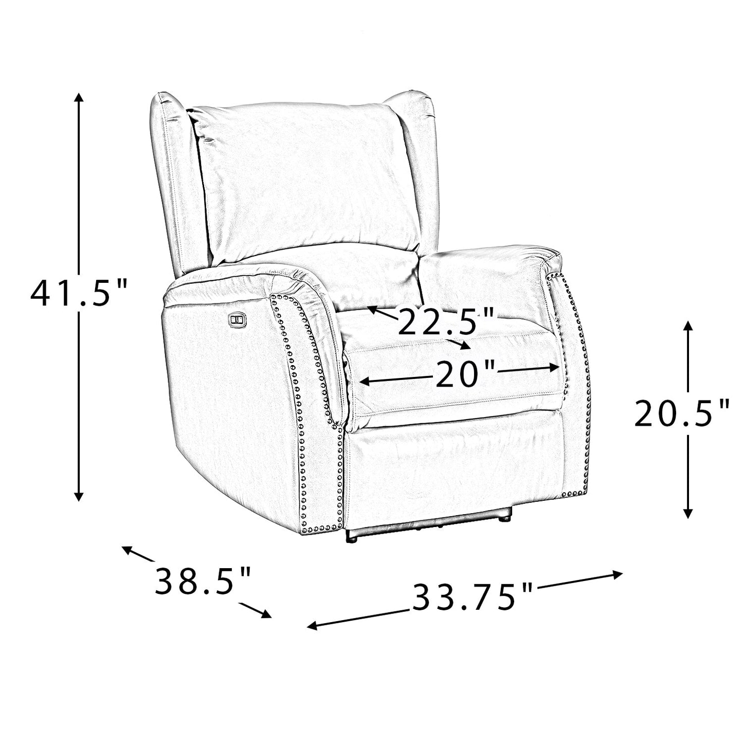 Poltrona reclinabile elettrica Eliseo in vera pelle con porta USB e design Wingback