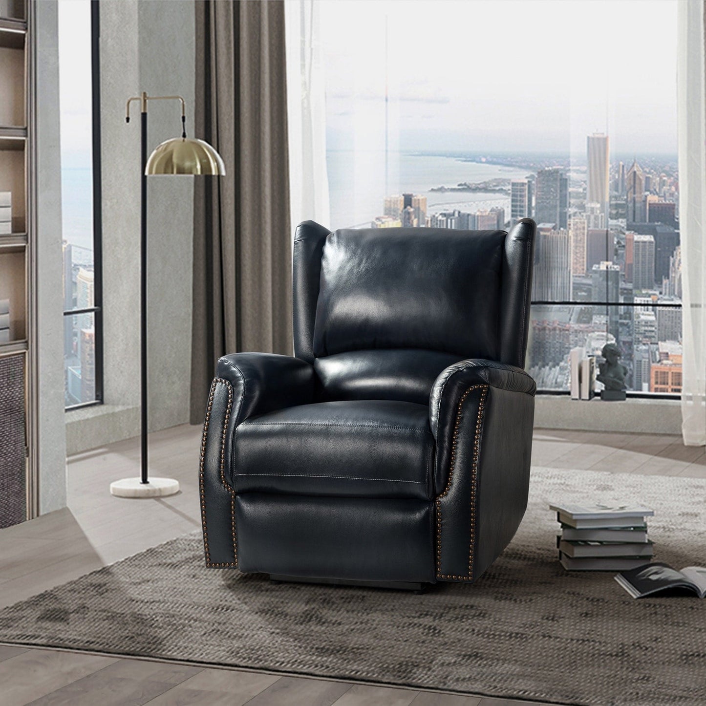 Poltrona reclinabile elettrica Eliseo in vera pelle con porta USB e design Wingback
