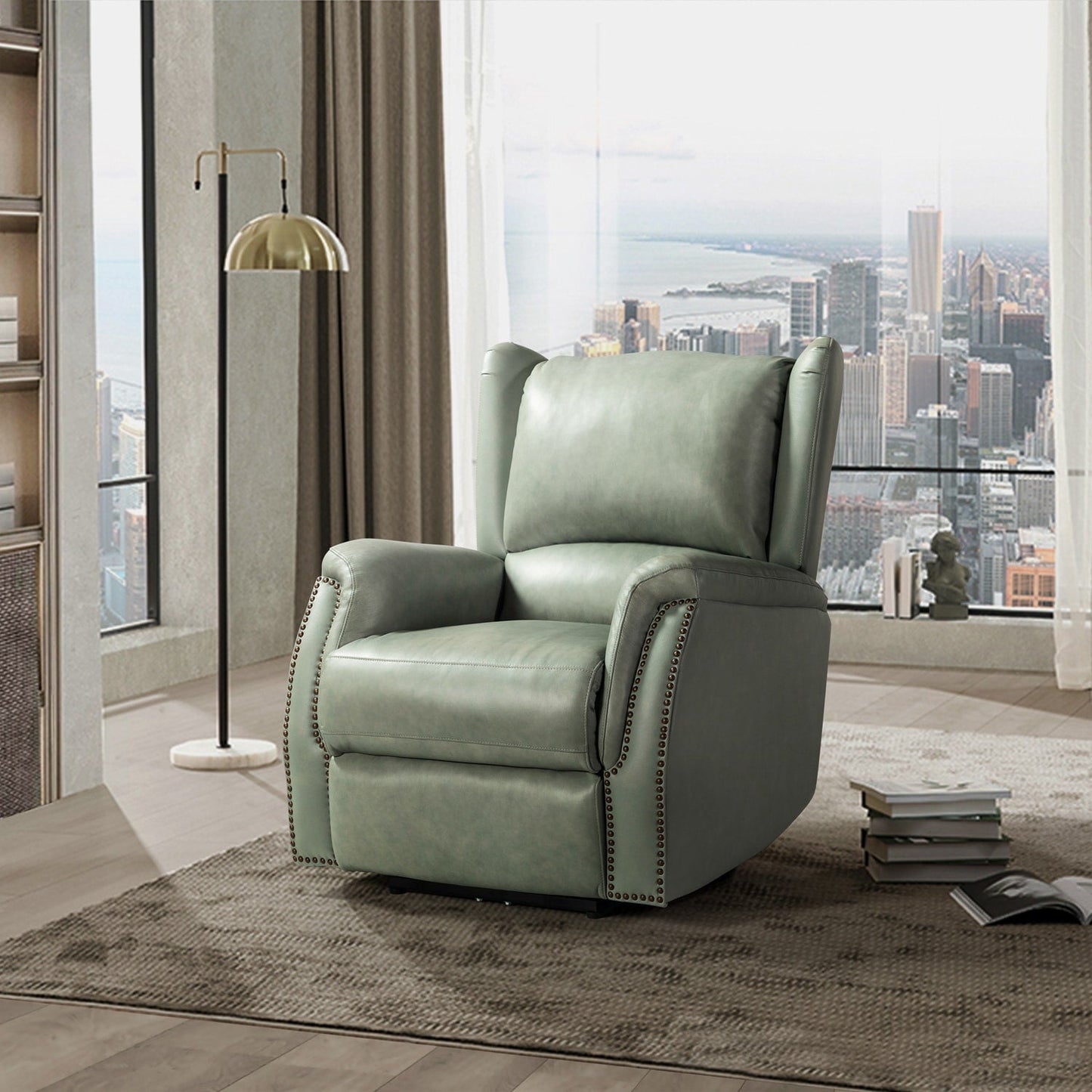 Poltrona reclinabile elettrica Eliseo in vera pelle con porta USB e design Wingback