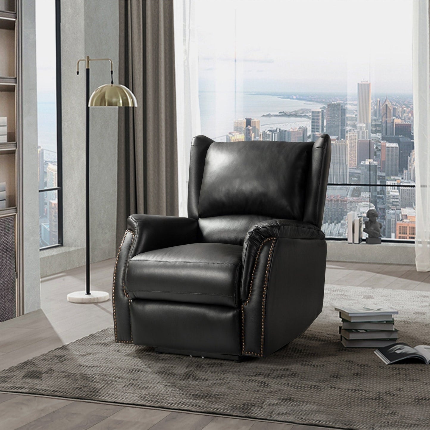 Poltrona reclinabile elettrica Eliseo in vera pelle con porta USB e design Wingback