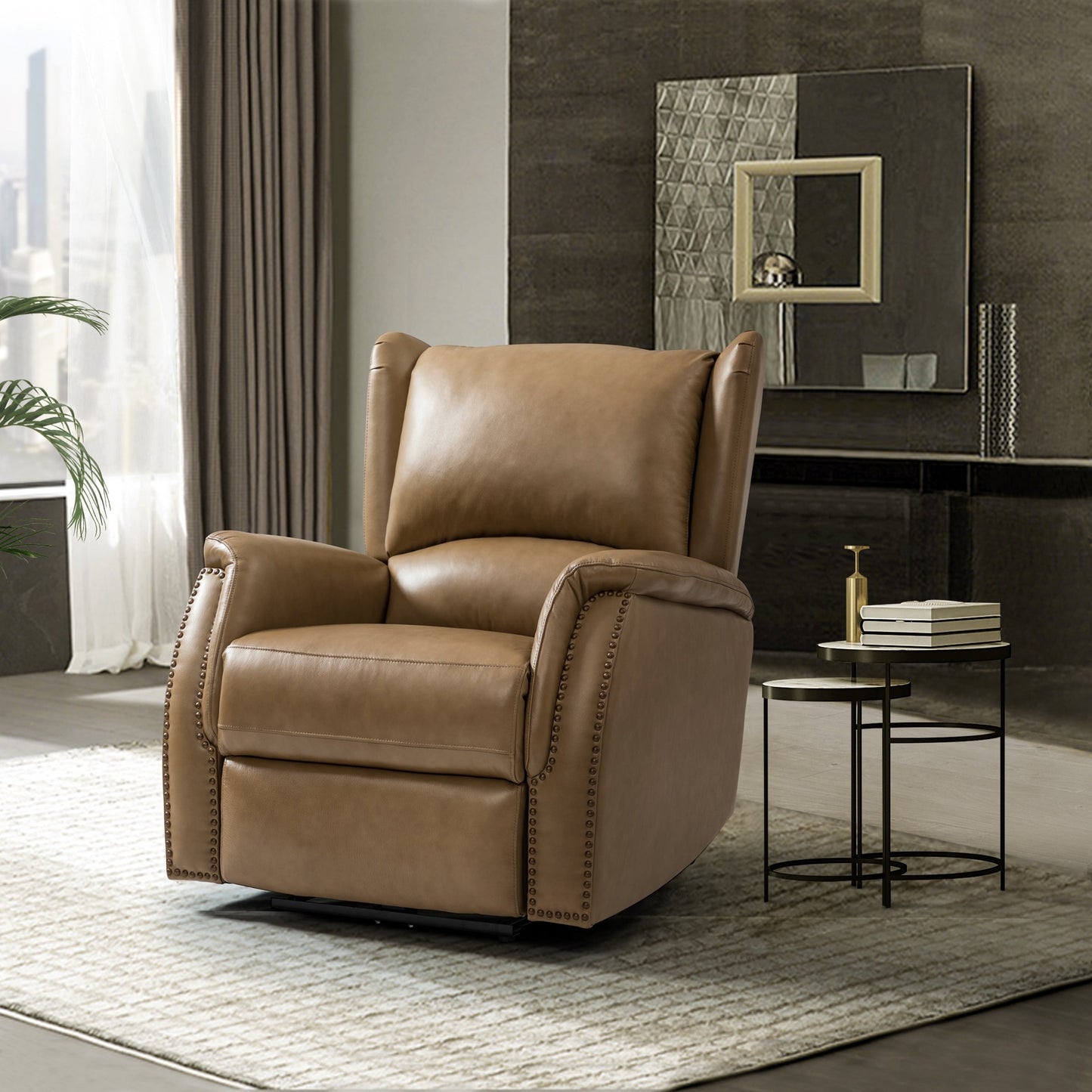 Poltrona reclinabile elettrica Eliseo in vera pelle con porta USB e design Wingback