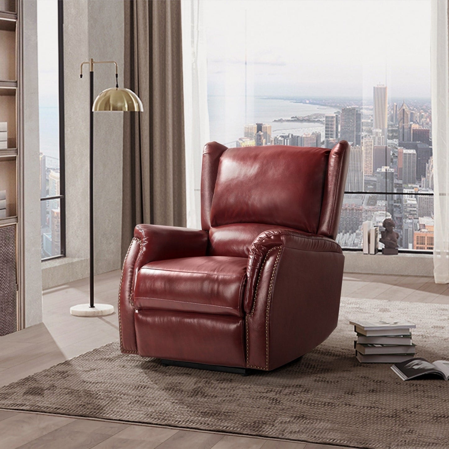 Poltrona reclinabile elettrica Eliseo in vera pelle con porta USB e design Wingback