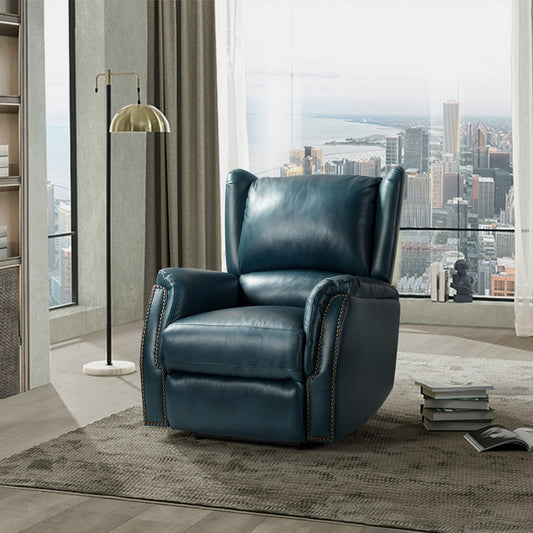 Poltrona reclinabile elettrica Eliseo in vera pelle con porta USB e design Wingback