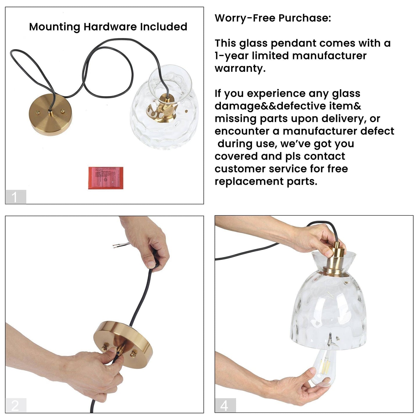 Lampada a sospensione Elisie Mid-Century Modern a 1 luce, cupola in vetro martellato, illuminazione per isola cucina, sala da pranzo