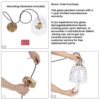 Lampada a sospensione Elisie Mid-Century Modern a 1 luce, cupola in vetro martellato, illuminazione per isola cucina, sala da pranzo