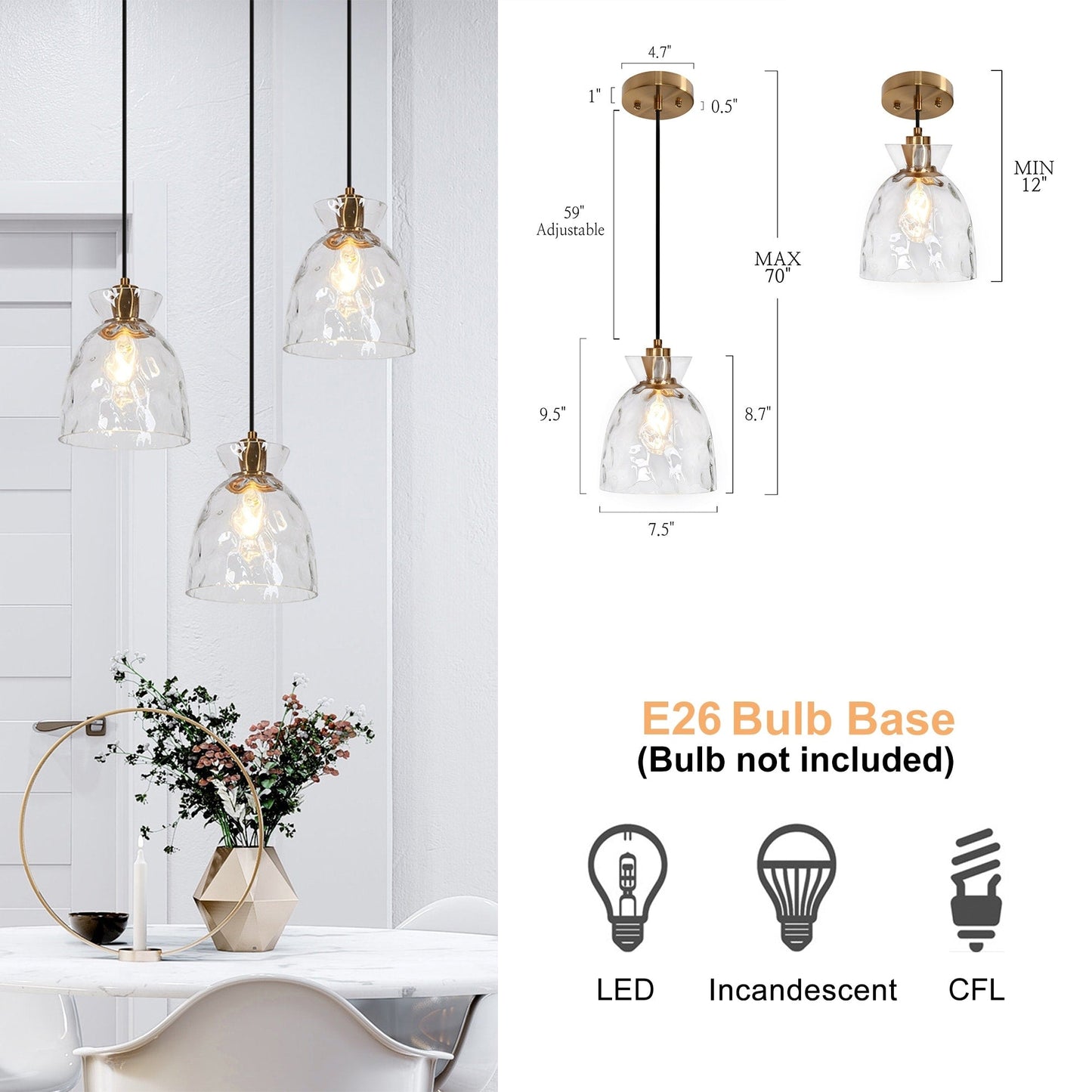 Lampada a sospensione Elisie Mid-Century Modern a 1 luce, cupola in vetro martellato, illuminazione per isola cucina, sala da pranzo