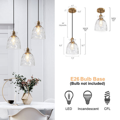 Lampada a sospensione Elisie Mid-Century Modern a 1 luce, cupola in vetro martellato, illuminazione per isola cucina, sala da pranzo