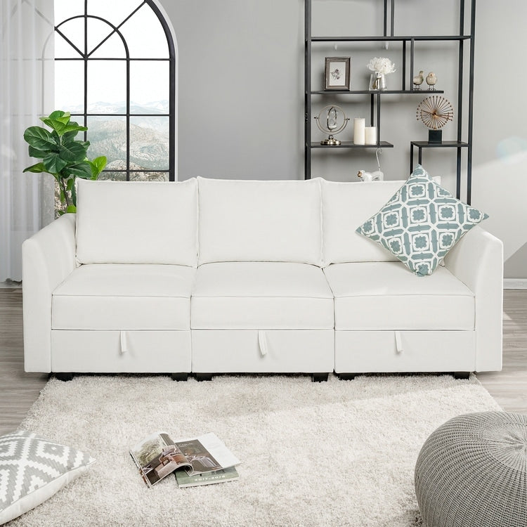 Divano modulare a 3 pezzi con seduta morbida e confortevole, divano in lino con robusta struttura in legno, ideale per piccoli spazi