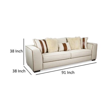 Divano Elize con 5 cuscini decorativi, 91 pollici, legno massello, marrone, beige bouclé