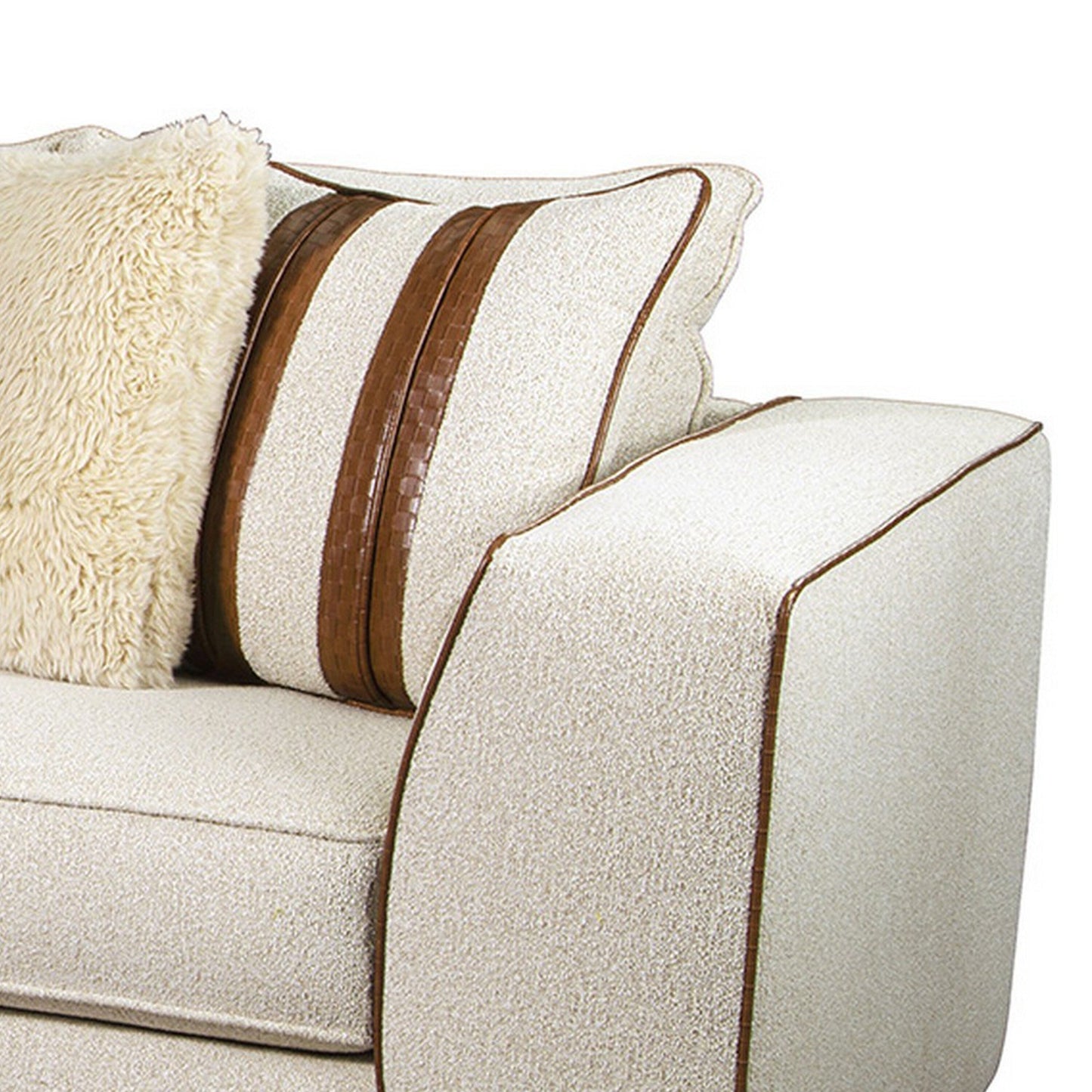 Divano Elize con 5 cuscini decorativi, 91 pollici, legno massello, marrone, beige bouclé