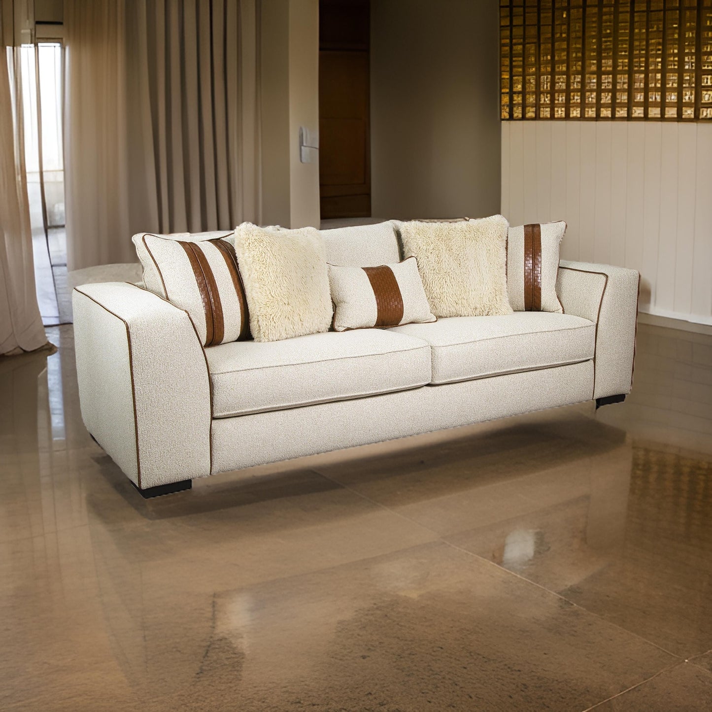 Divano Elize con 5 cuscini decorativi, 91 pollici, legno massello, marrone, beige bouclé