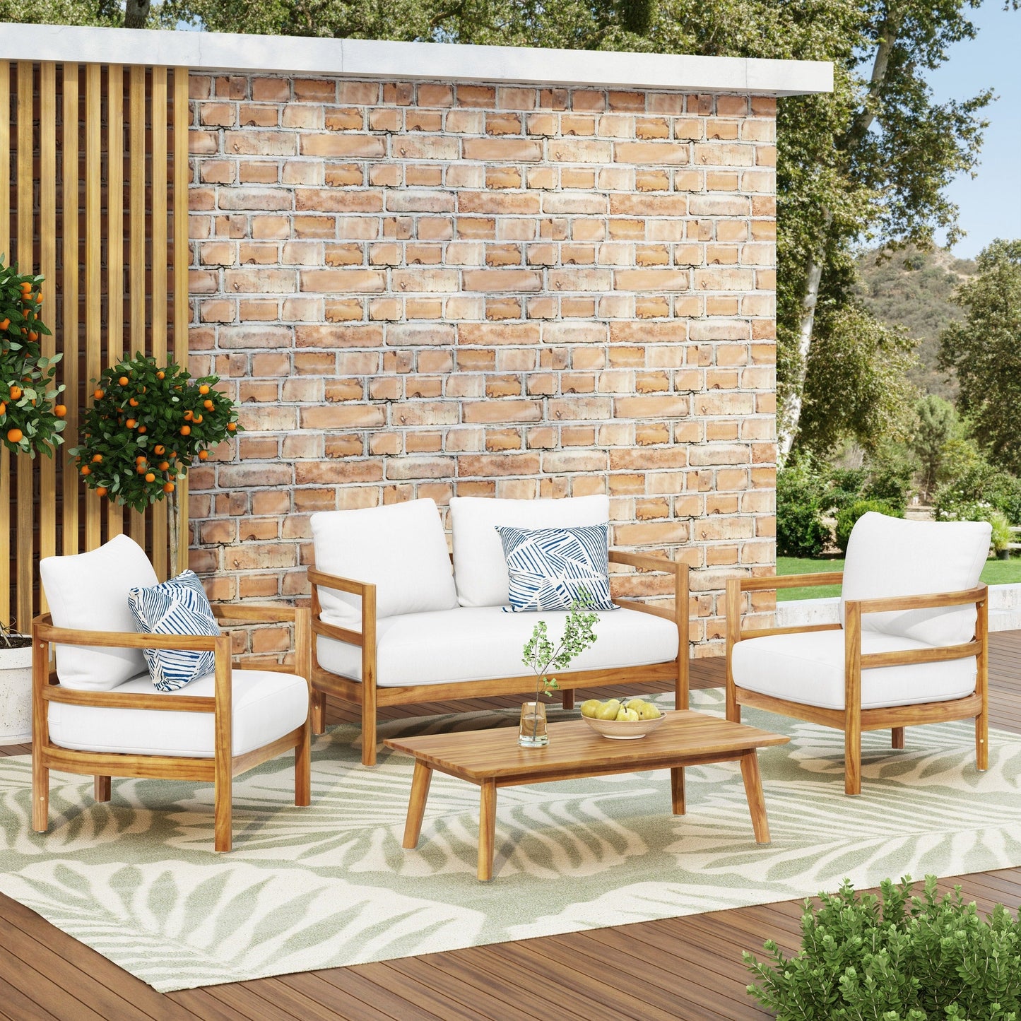 Set da esterno Ellendale Outdoor Acacia Wood da 4 posti con cuscino di Christopher Knight Home