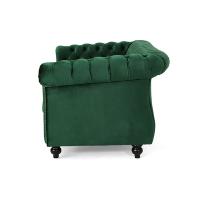 Divano a due posti Chesterfield Emerald 61.75 con bottoni, borchie e gambe