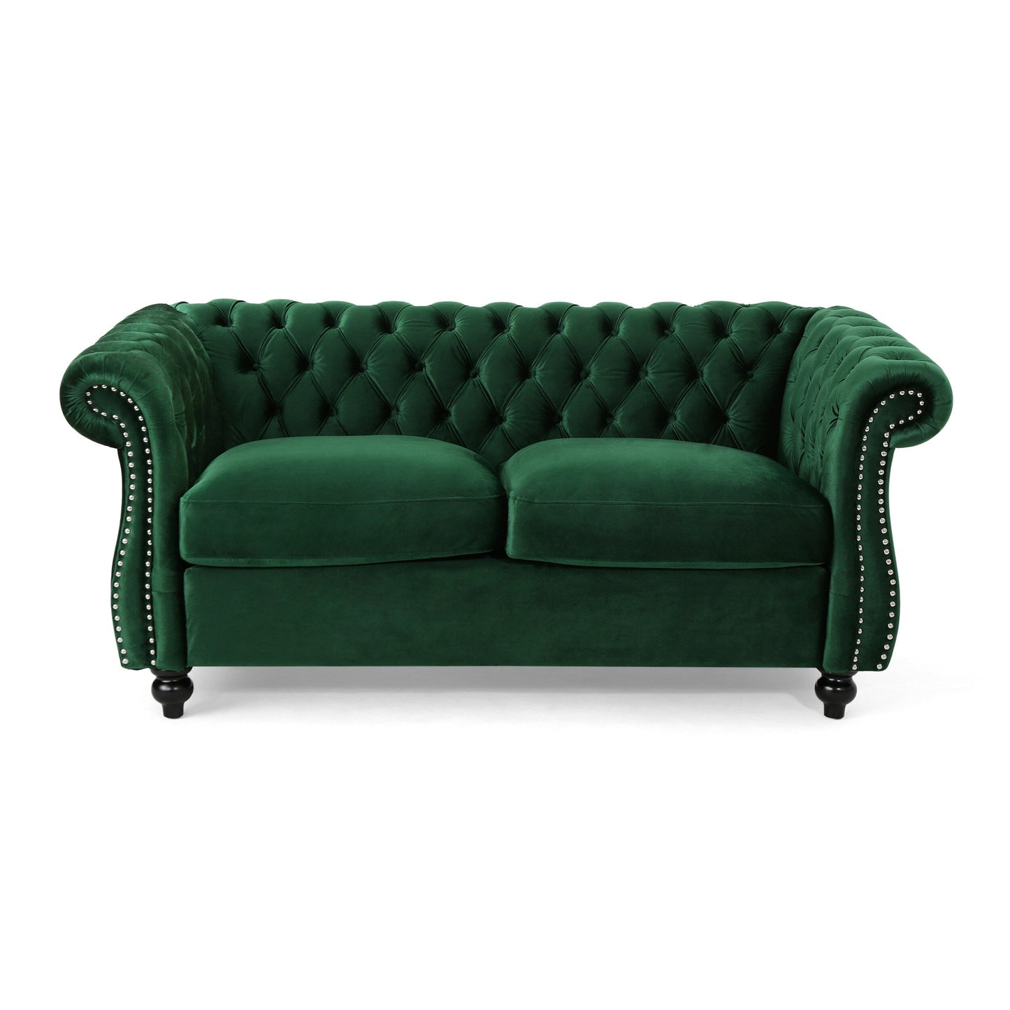 Divano a due posti Chesterfield Emerald 61.75 con bottoni, borchie e gambe