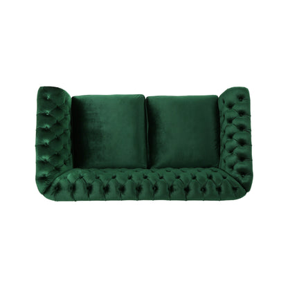 Divano a due posti Chesterfield Emerald 61.75 con bottoni, borchie e gambe