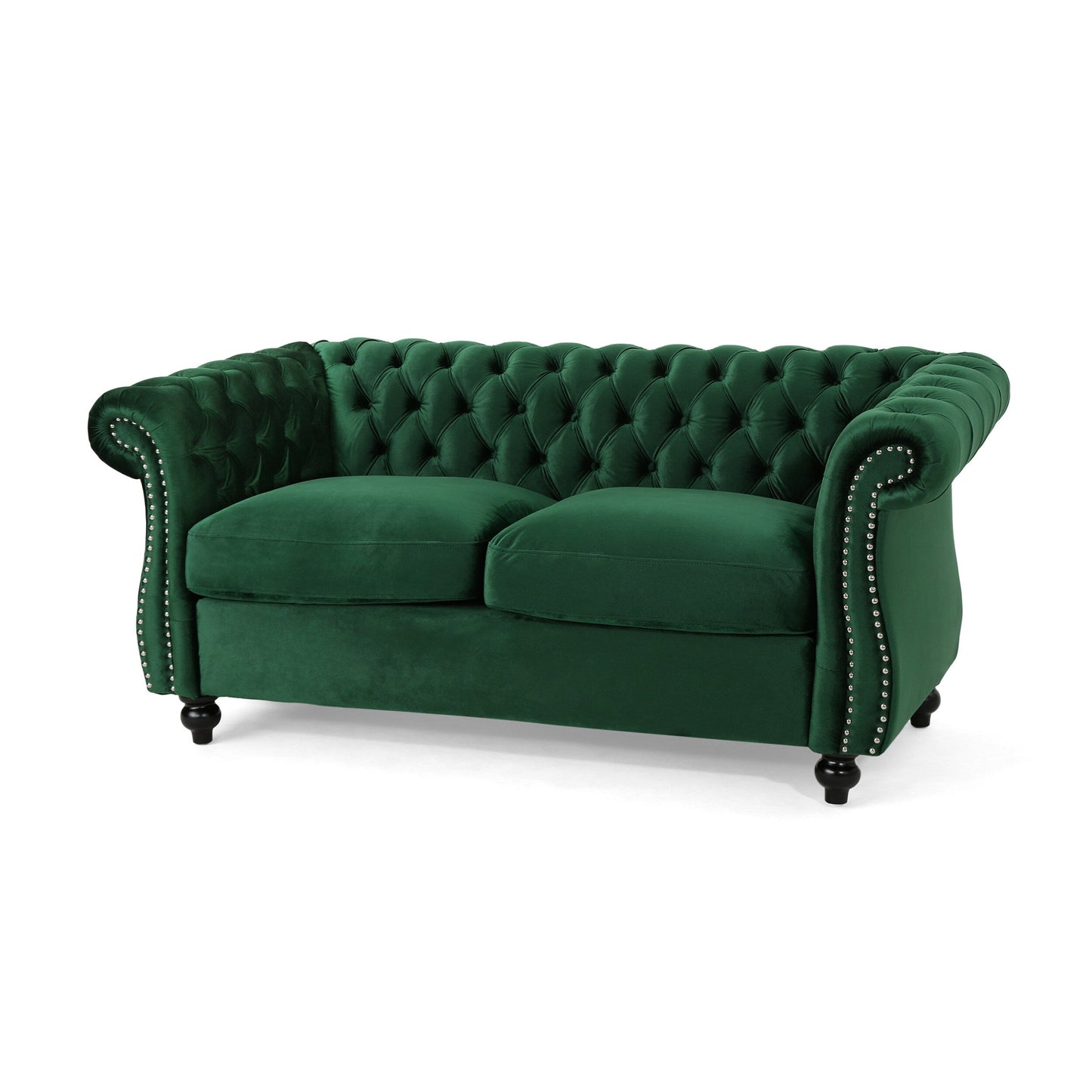 Divano a due posti Chesterfield Emerald 61.75 con bottoni, borchie e gambe