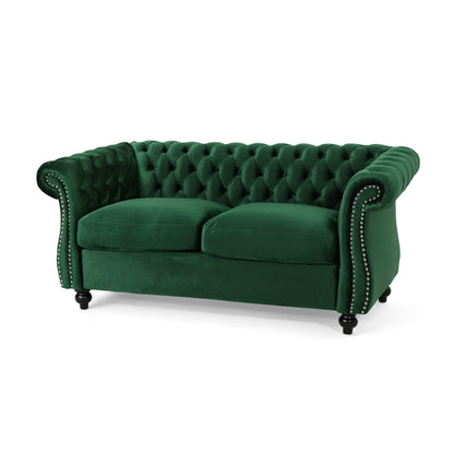 Divano a due posti Chesterfield Emerald 61.75 con bottoni, borchie e gambe