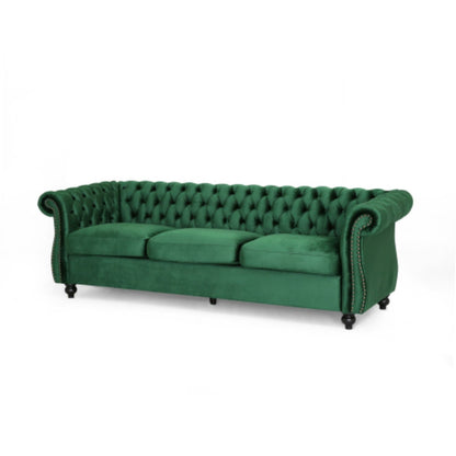 Divano Chesterfield Emerald 84.75 imbottito con bottoni, 3 posti, borchie e gambe in legno per soggiorno