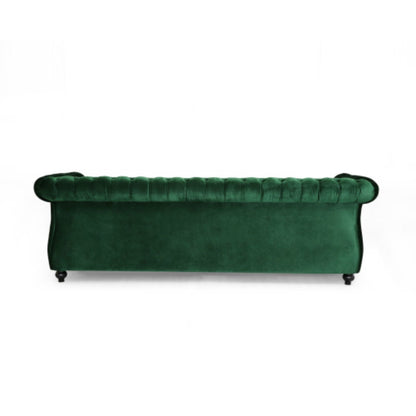 Divano Chesterfield Emerald 84.75 imbottito con bottoni, 3 posti, borchie e gambe in legno per soggiorno