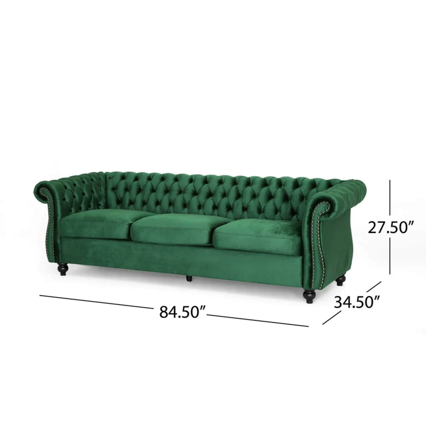 Divano Chesterfield Emerald 84.75 imbottito con bottoni, 3 posti, borchie e gambe in legno per soggiorno
