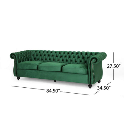 Divano Chesterfield Emerald 84.75 imbottito con bottoni, 3 posti, borchie e gambe in legno per soggiorno