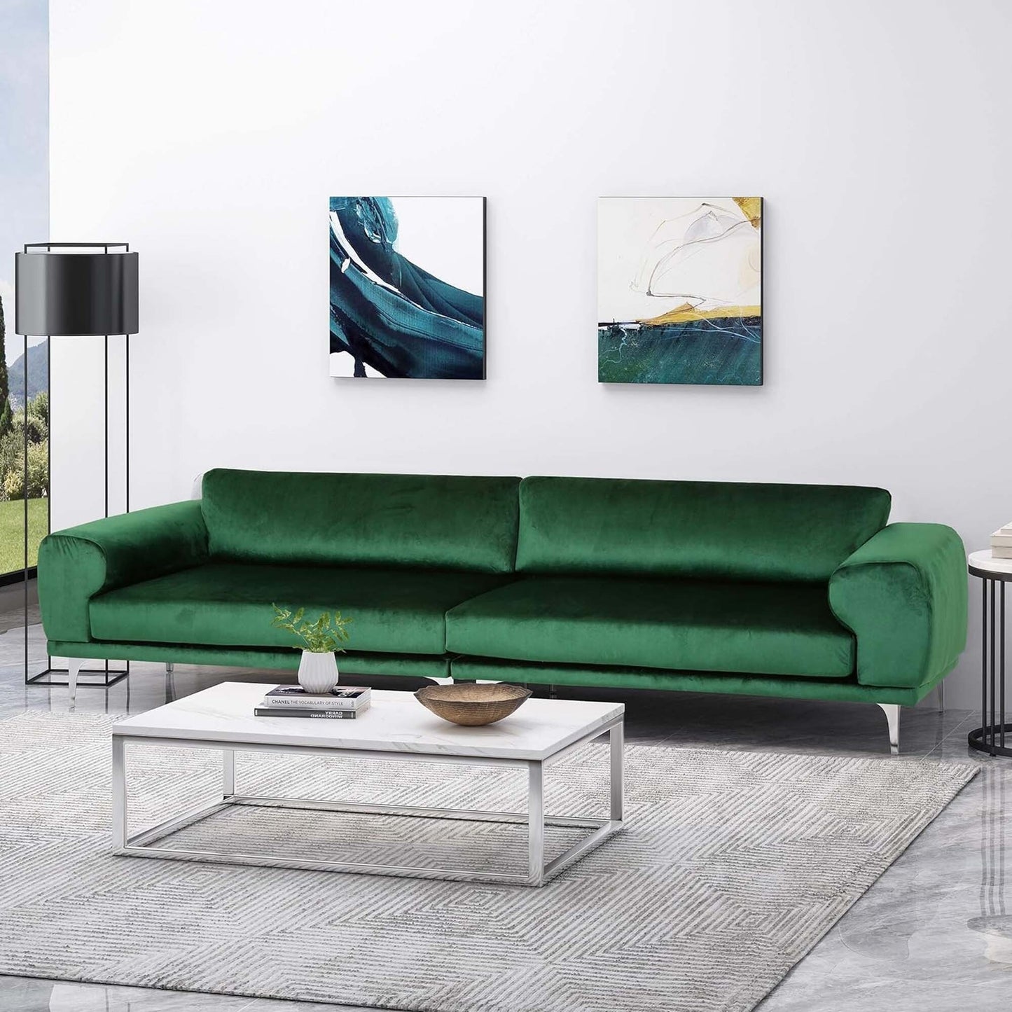 Divano Emerald Modern 111 in velluto a 4 posti con gambe in metallo e robusta struttura in legno per soggiorno