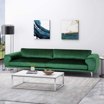 Divano Emerald Modern 111 in velluto a 4 posti con gambe in metallo e robusta struttura in legno per soggiorno