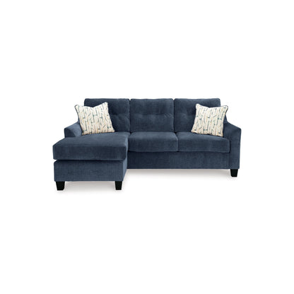Divano letto Emilia Queen con chaise longue, 3 cuscini decorativi, poliestere blu inchiostro
