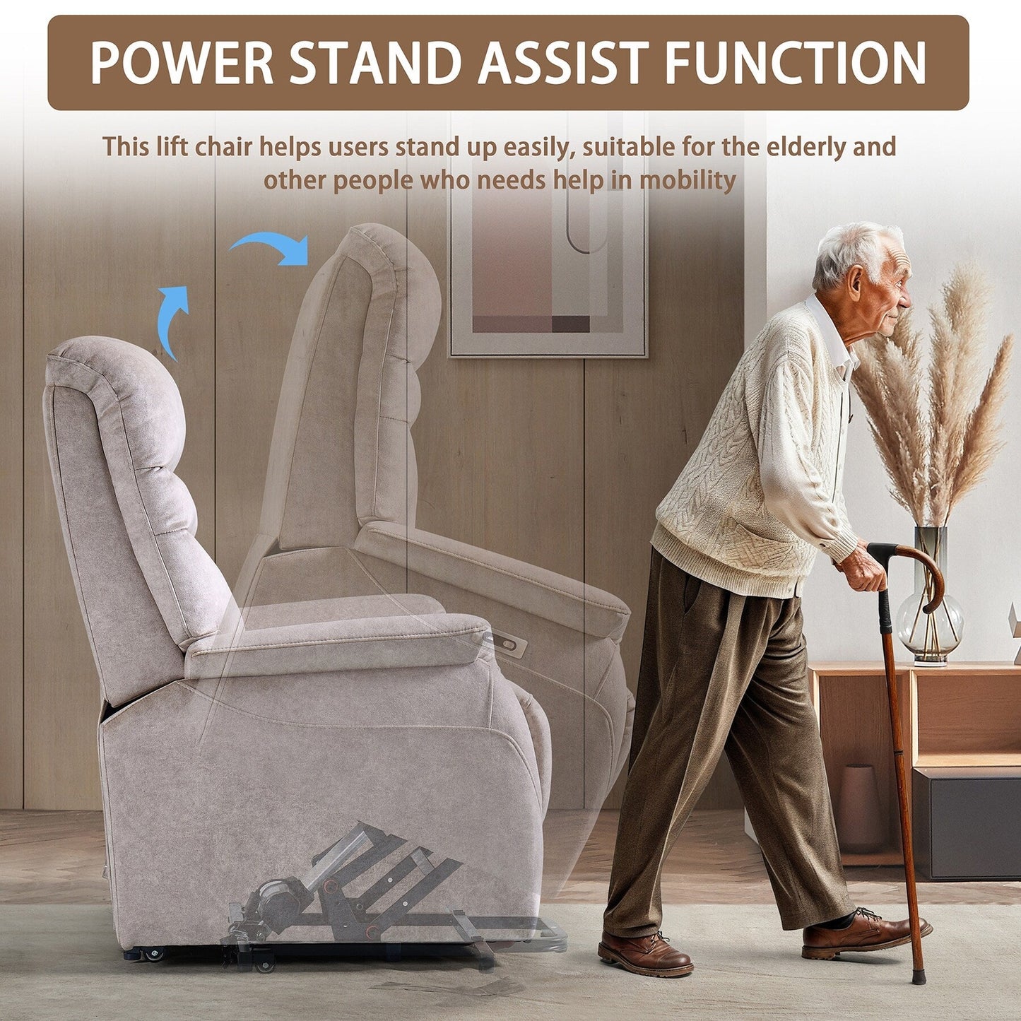 Poltrona reclinabile ergonomica elettrica con sollevamento, divano singolo in velluto con telecomando e poggiapiedi estensibile