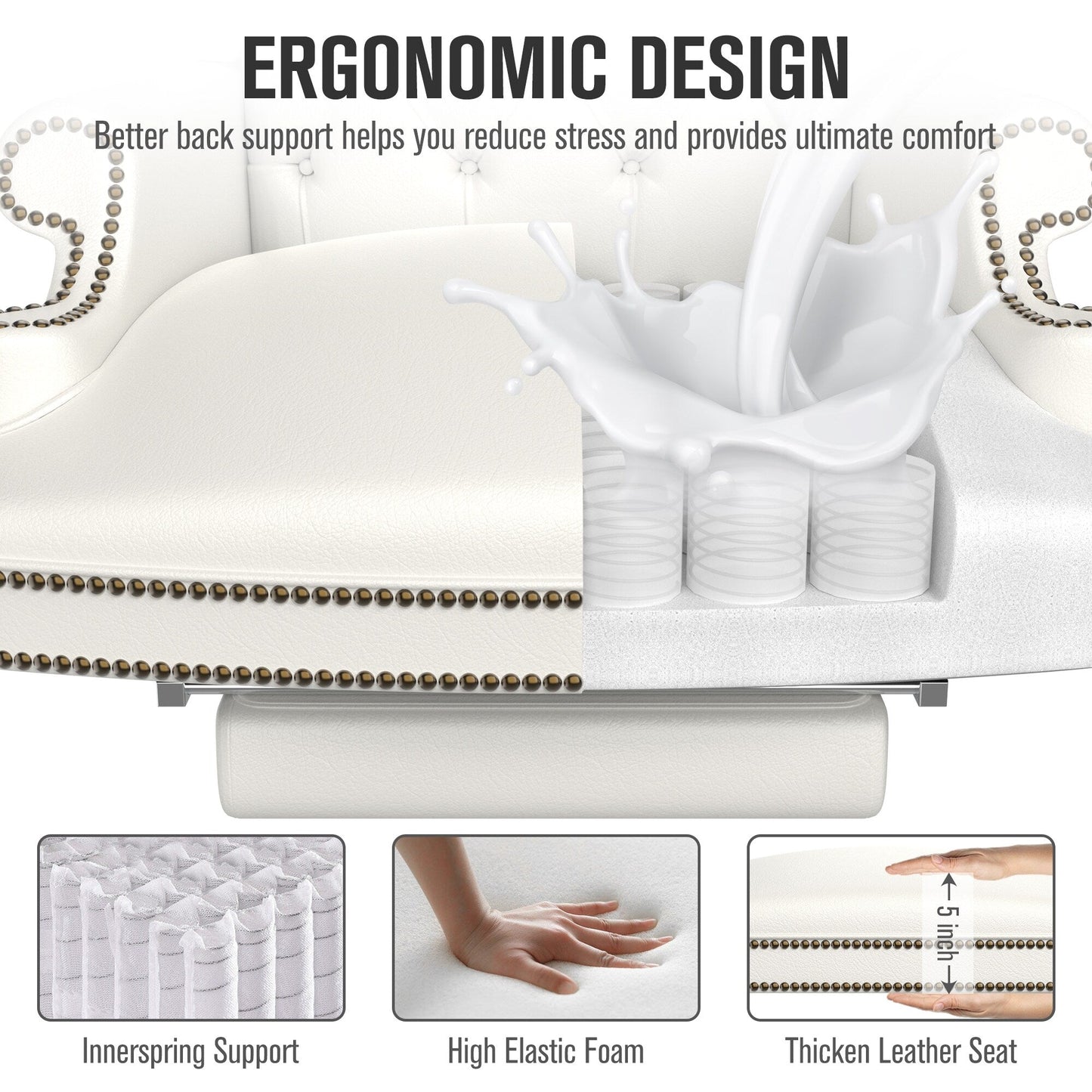 Poltrona reclinabile ergonomica girevole da ufficio in similpelle con poggiapiedi, schienale con bottoni trapuntati, decorazione con borchie