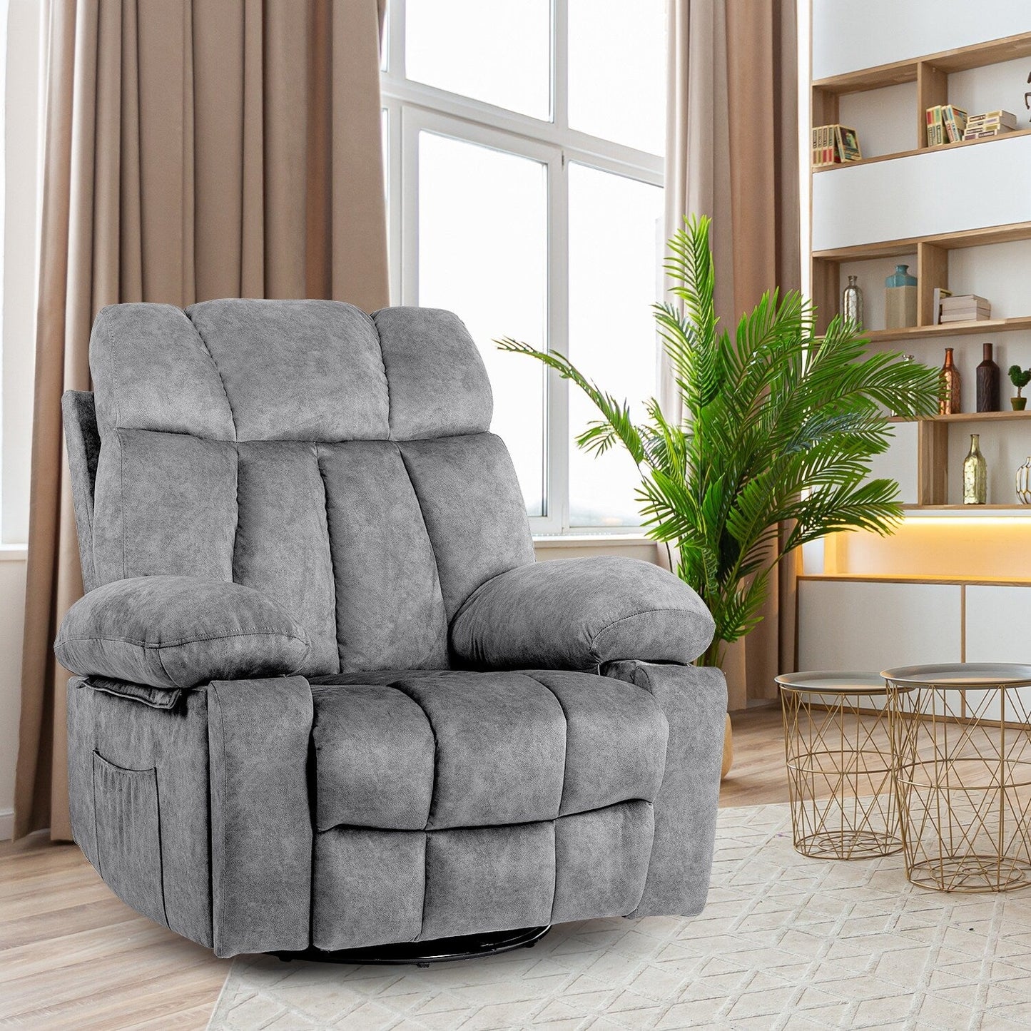 Poltrona massaggiante ergonomica girevole in velluto con calore, 8 punti di massaggio, base oscillante, ricarica USB, portabicchieri e tasche laterali