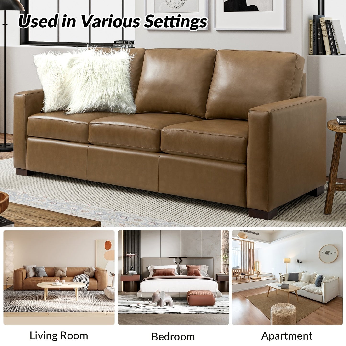 Divano Ernando 83.46 in vera pelle con braccioli e cuscini quadrati