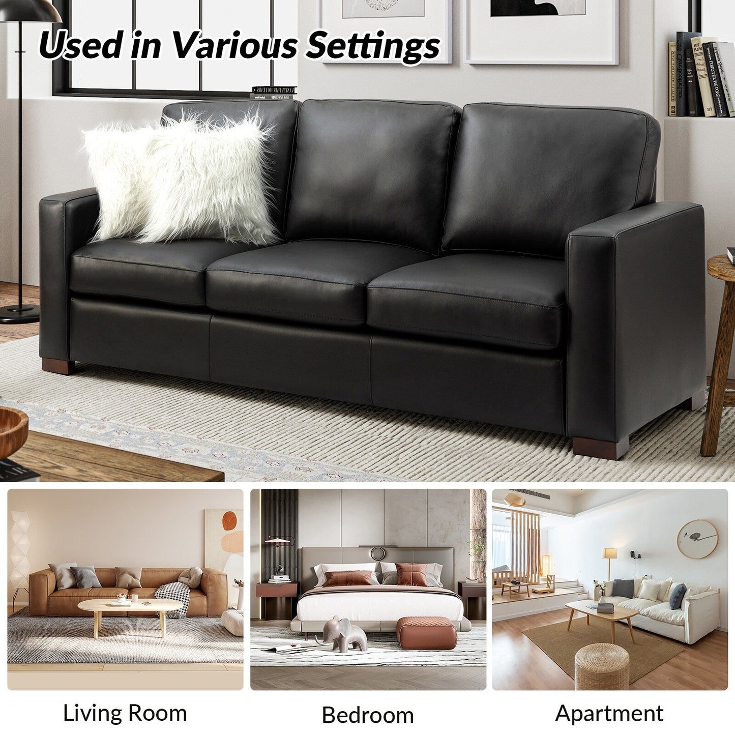 Divano Ernando 83.46 in vera pelle con braccioli e cuscini quadrati