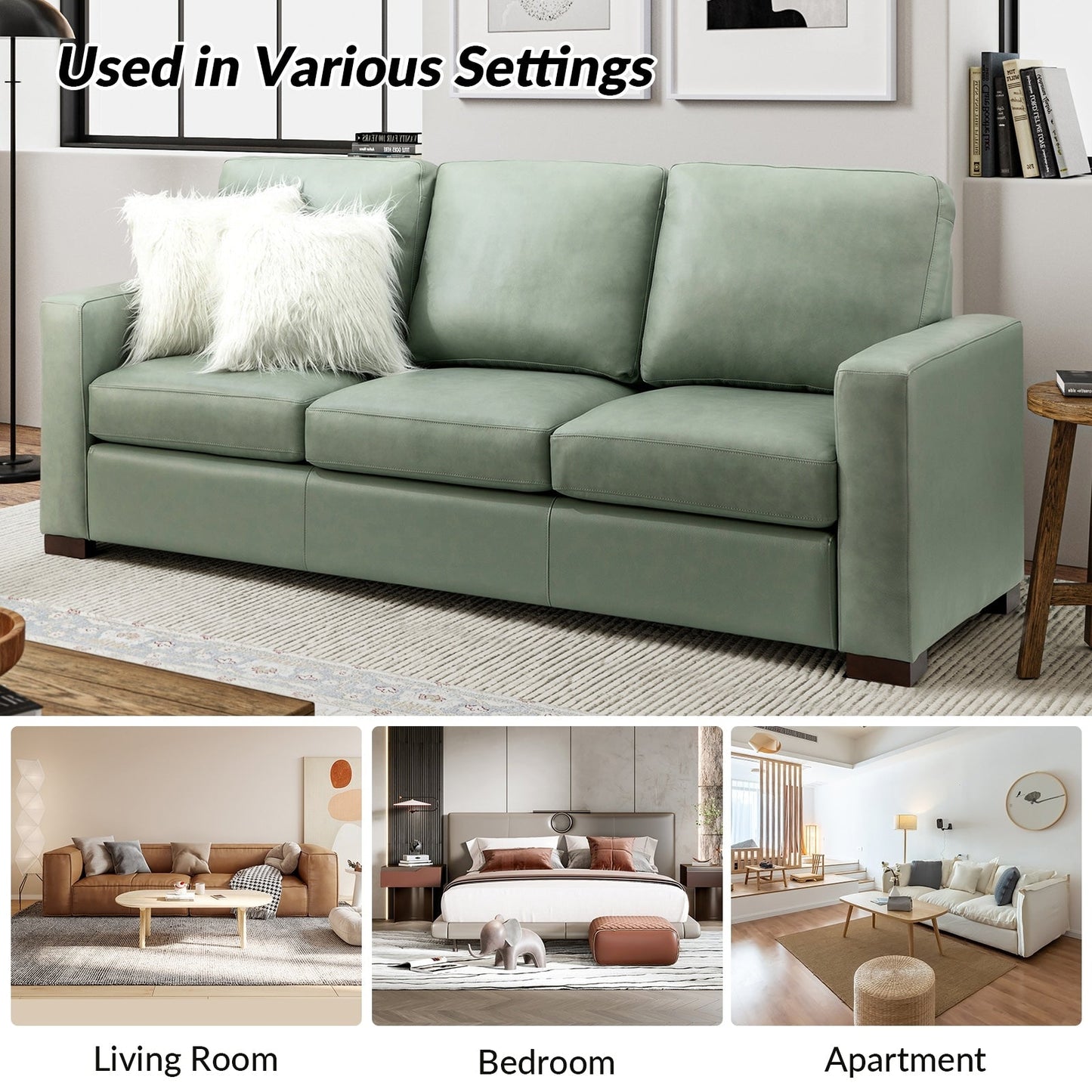 Divano Ernando 83.46 in vera pelle con braccioli e cuscini quadrati